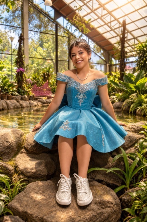 Sofí sentada junto a un estanque en un jardín